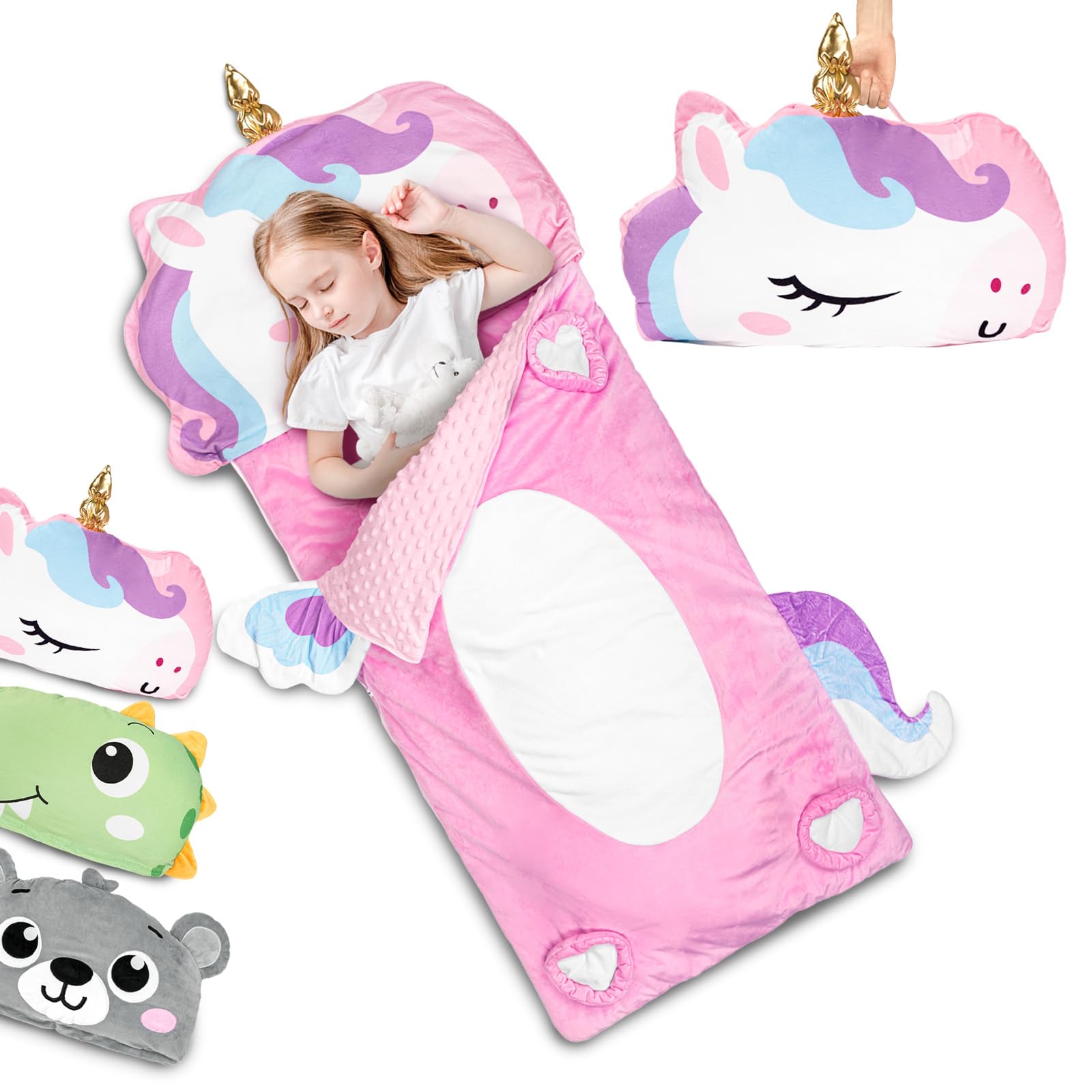 Primlect Kids Unicorn Sleeping Bag, 61''x27'' Plush Toddler Nap Mat | 3 in 1 Lar