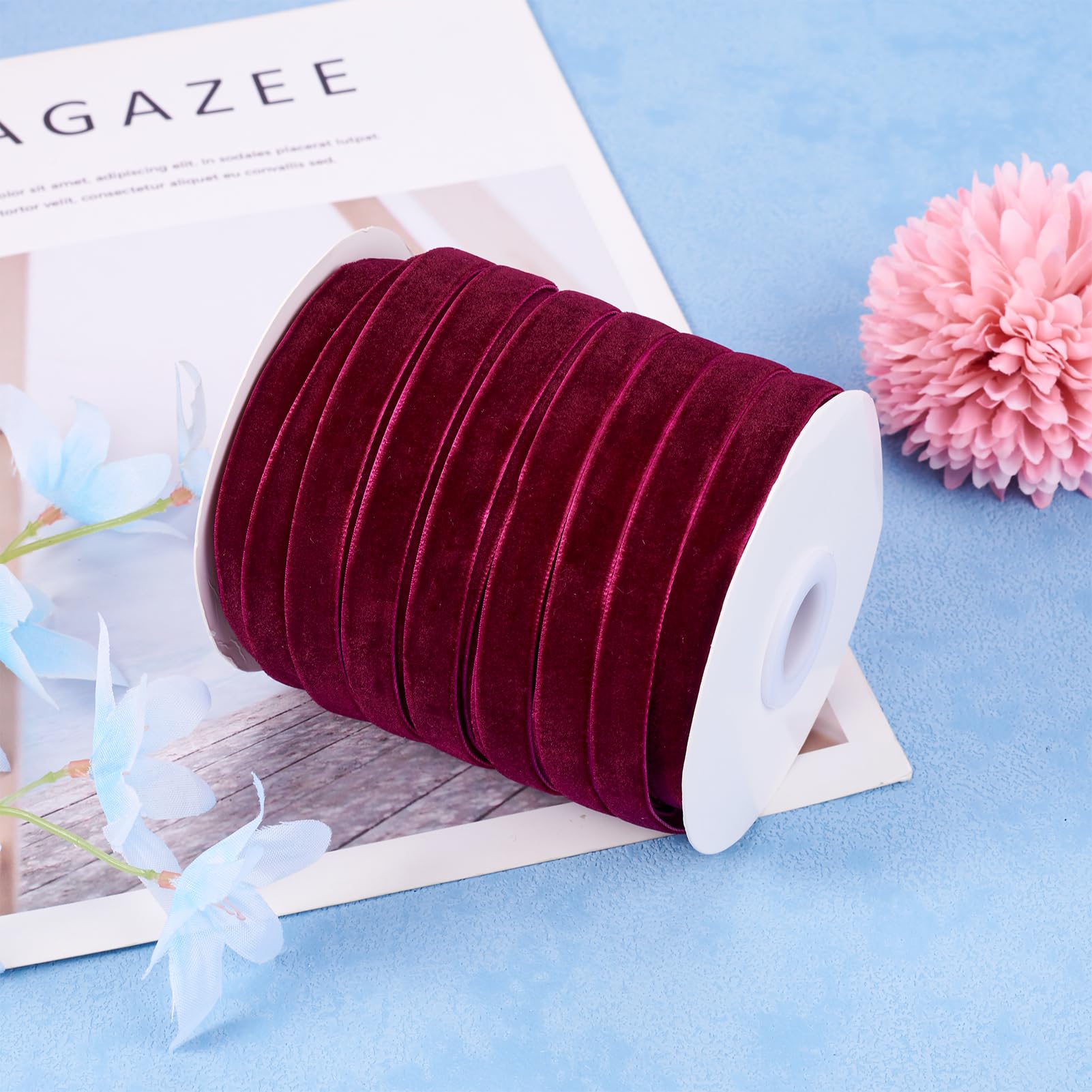 50 Yards Velvet Ribbon 3/8 Inch Wide Single Face Velvet Ribbon Medium Violet Red