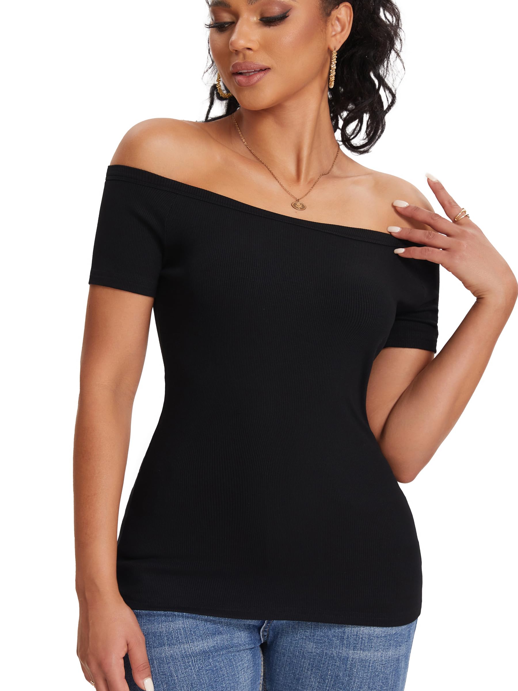 ASAIR Camisetas de manga corta con hombros descubiertos para mujer, cuello barco