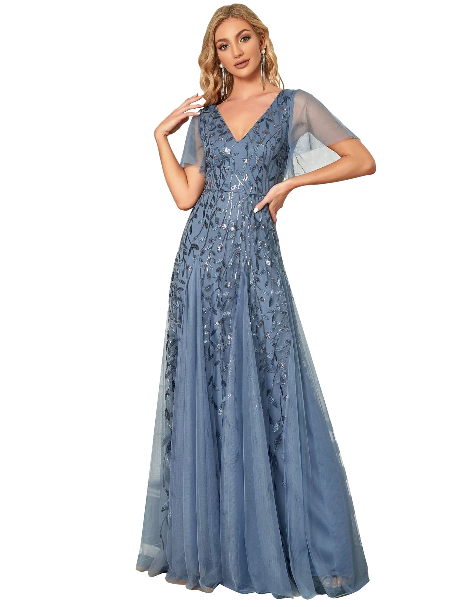 Ever-Pretty Elegant Tulle Short Sleeve V-Neck Evening Dress - 00734
