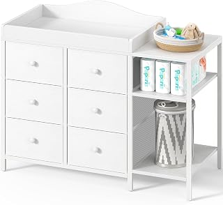 BOLUO Baby Dresser with Changing Table Top, Black Changing Table Dresser with 6 Fabric Drawers Diaper Changing Station with Storage Shelf for Nursery Modern