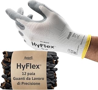 Ansell Hyflex 11-800 Professional Work Gloves, Abrasion Resistant Nitrile Coating, Professional Protection for General and Mechanical Use, White, Size L (12 Pairs)