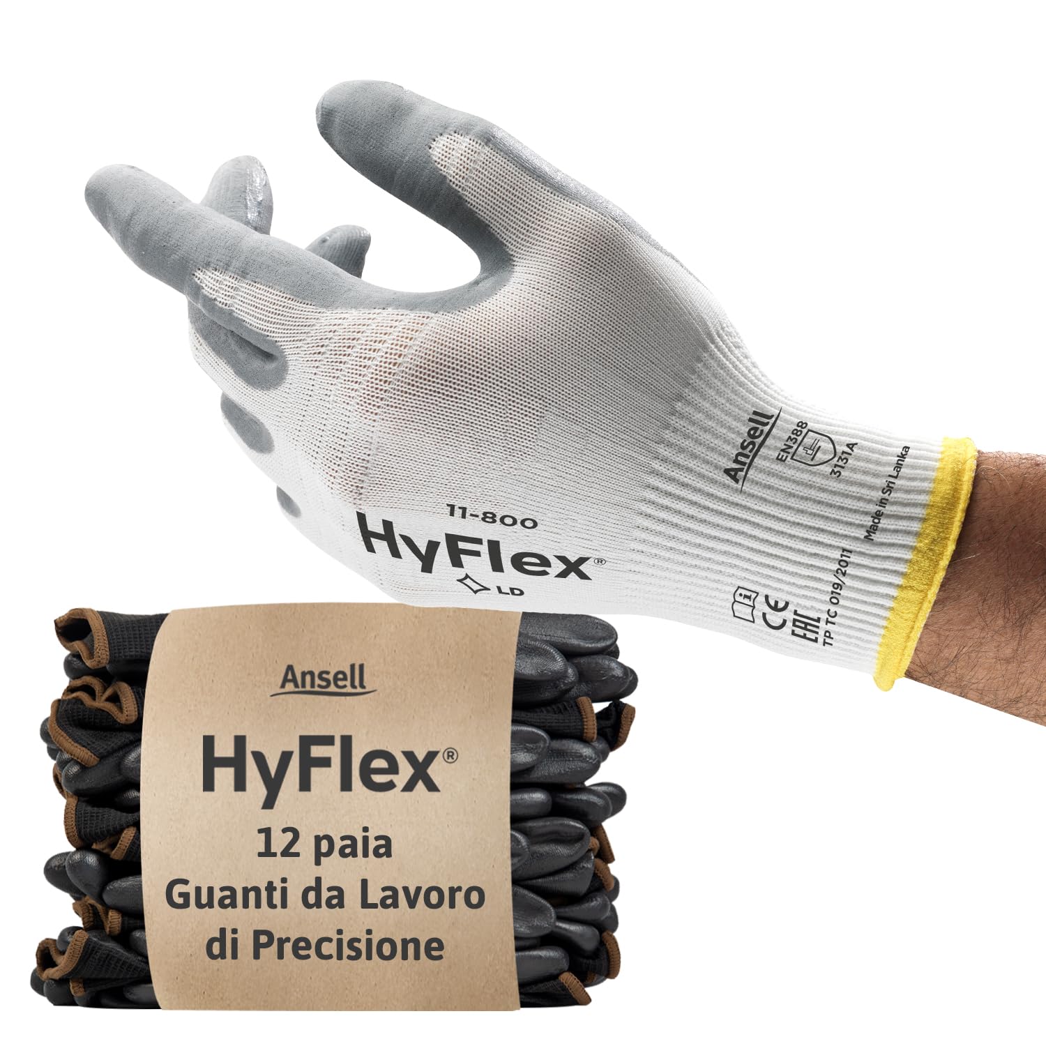 Ansell Hyflex 11-800 Professional Work Gloves, Abrasion Resistant Nitrile Coatin