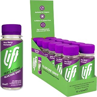 Lift Fast Acting Glucose Shots, Very Berry, 60 ml, 12-Pack | Ready-to-drink single-serve bottles with 15g glucose, caffeine-free, taurine-free, gluten-free, suitable for vegans