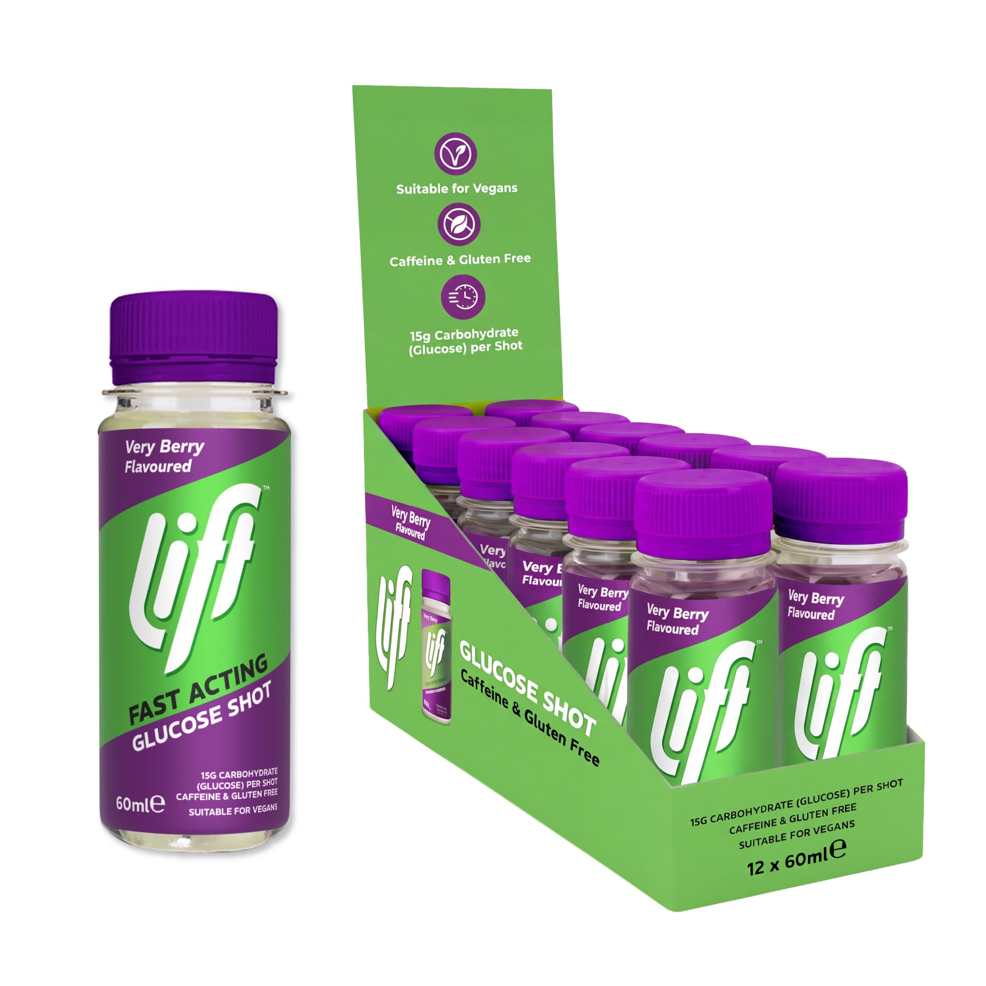 Lift Fast Acting Glucose Shots, Very Berry, 60 ml, 12-Pack | Ready-to-drink sing