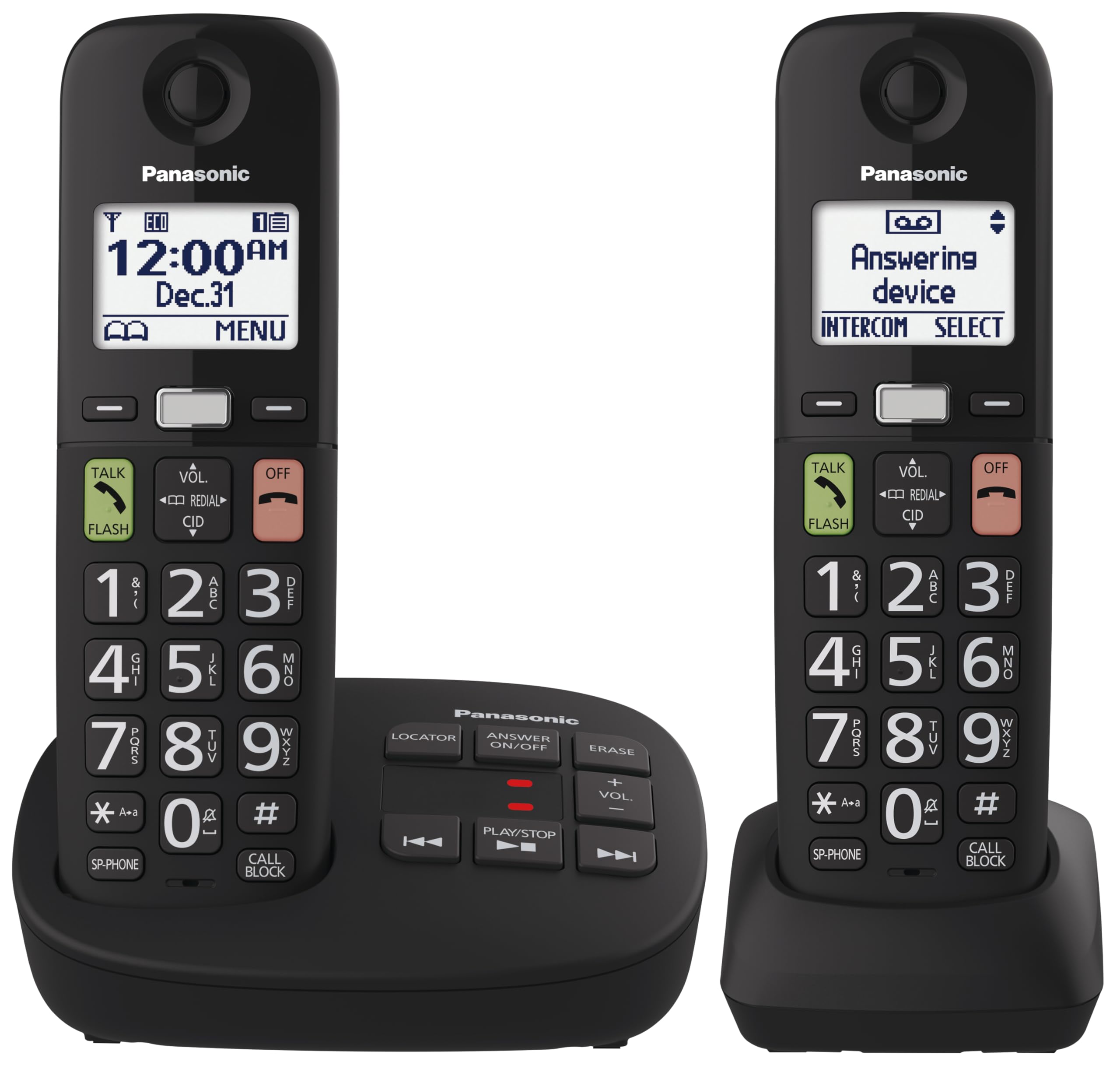 Panasonic KXTGU122CB Cordless Phone Large Display 2 Handsets, Black
