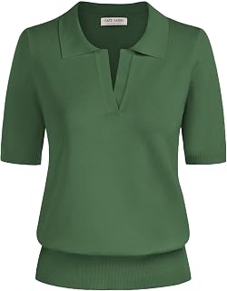 Kate Kasin Women Short Sleeve V-Neck Polo Shirt Casual Ribbed Pullover Loose Sweater
