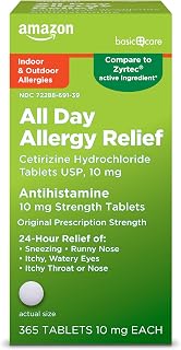 Amazon Basic Care All Day Allergy, Cetirizine Hydrochloride Tablets, 10 mg, 24-Hour Relief for Sneezing, Runny Nose, Itchy Eyes & Throat, Indoor & Outdoor Allergy Relief, 365 Count