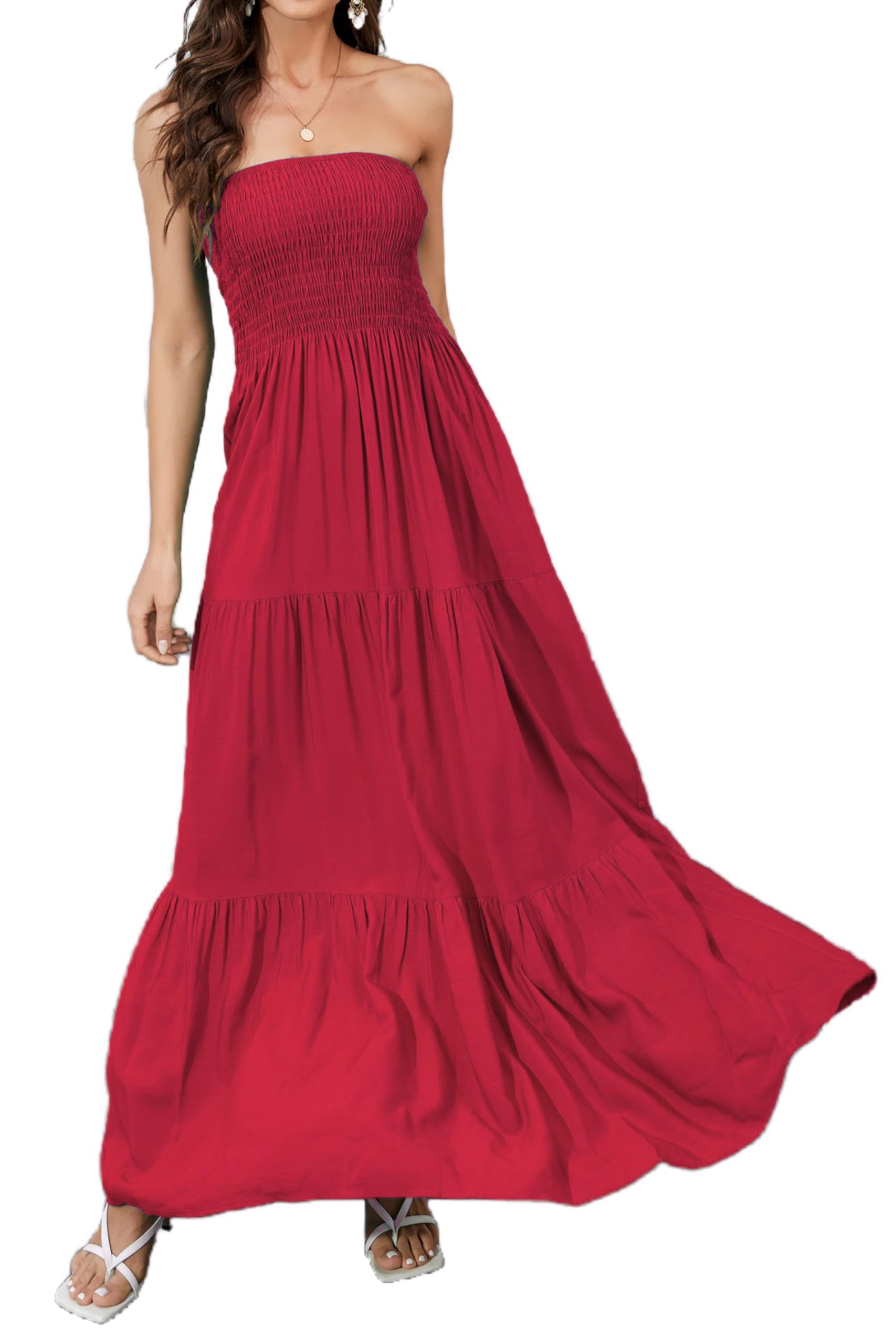 Women Strapless A Line Maxi Dress Tube Top Backless Casual Dress