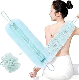 Bath Sponge Shower Pouf 2 in 1 Stretchable Drawstring Back Strip Bath Ball New Extended Exfoliating Back Scrubber Loofahs with Handles Soft Bathing Shower Puff Body Cleaner for Men Women