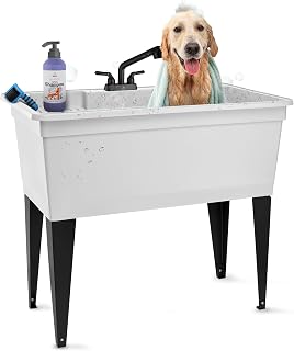 Tehila Freestanding Double-Wide Utility Sink with Steel Legs & Black Pull-Out Faucet, Multi-Purpose Heavy-Duty Laundry Tub and Kitchen Sink for Homes & Business, White