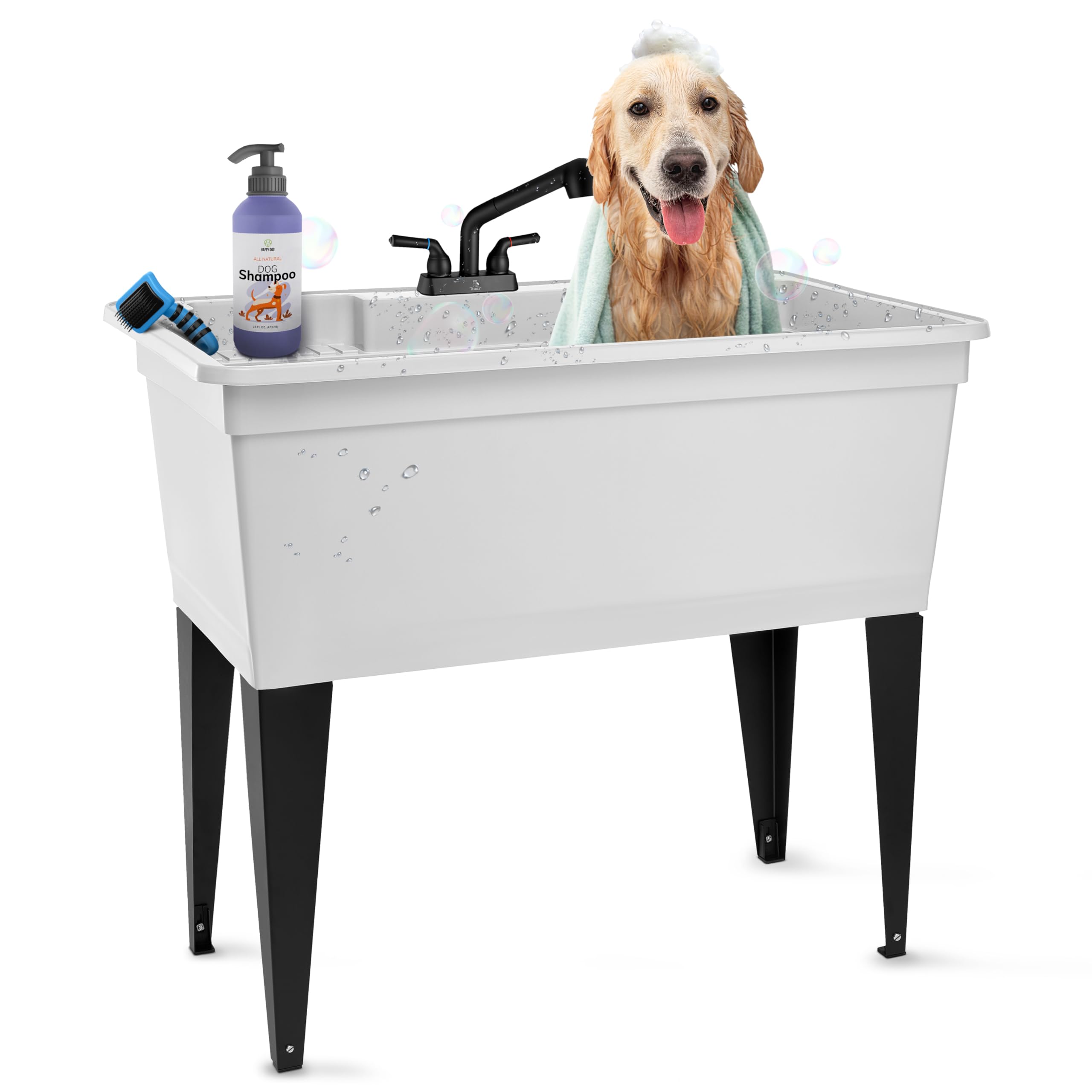 Tehila Freestanding Double-Wide Utility Sink with Steel Legs & Black Pull-Out Fa