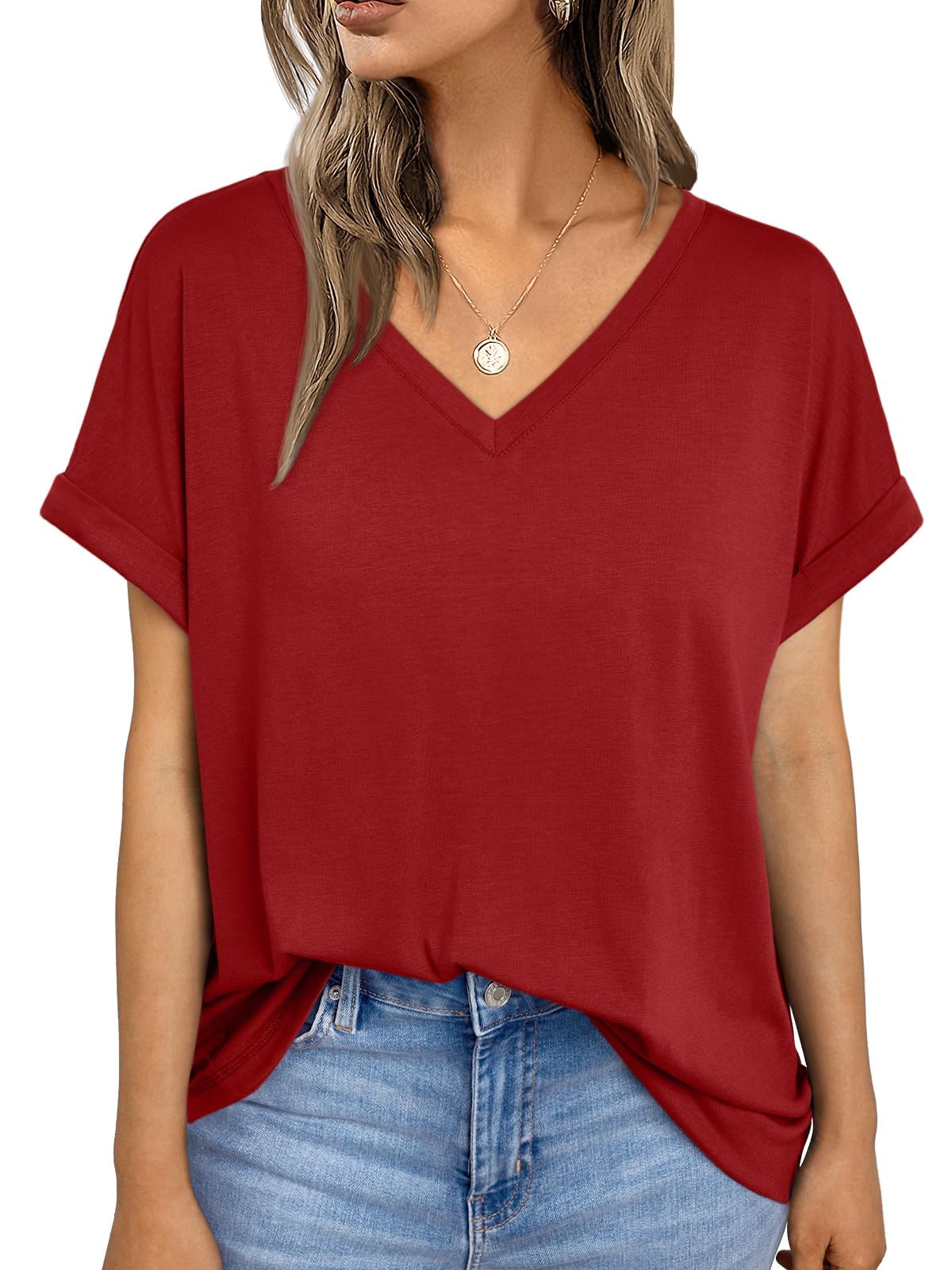 Womens Short Sleeve T Shirts Loose Casual Basic V Neck Summer Tops