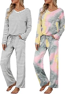 Ekouaer Conjunto de pijama de manga larga para mujer, conjunto de pijama de manga larga y pantalones con cuello en V, ropa de descanso suave con bolsillos