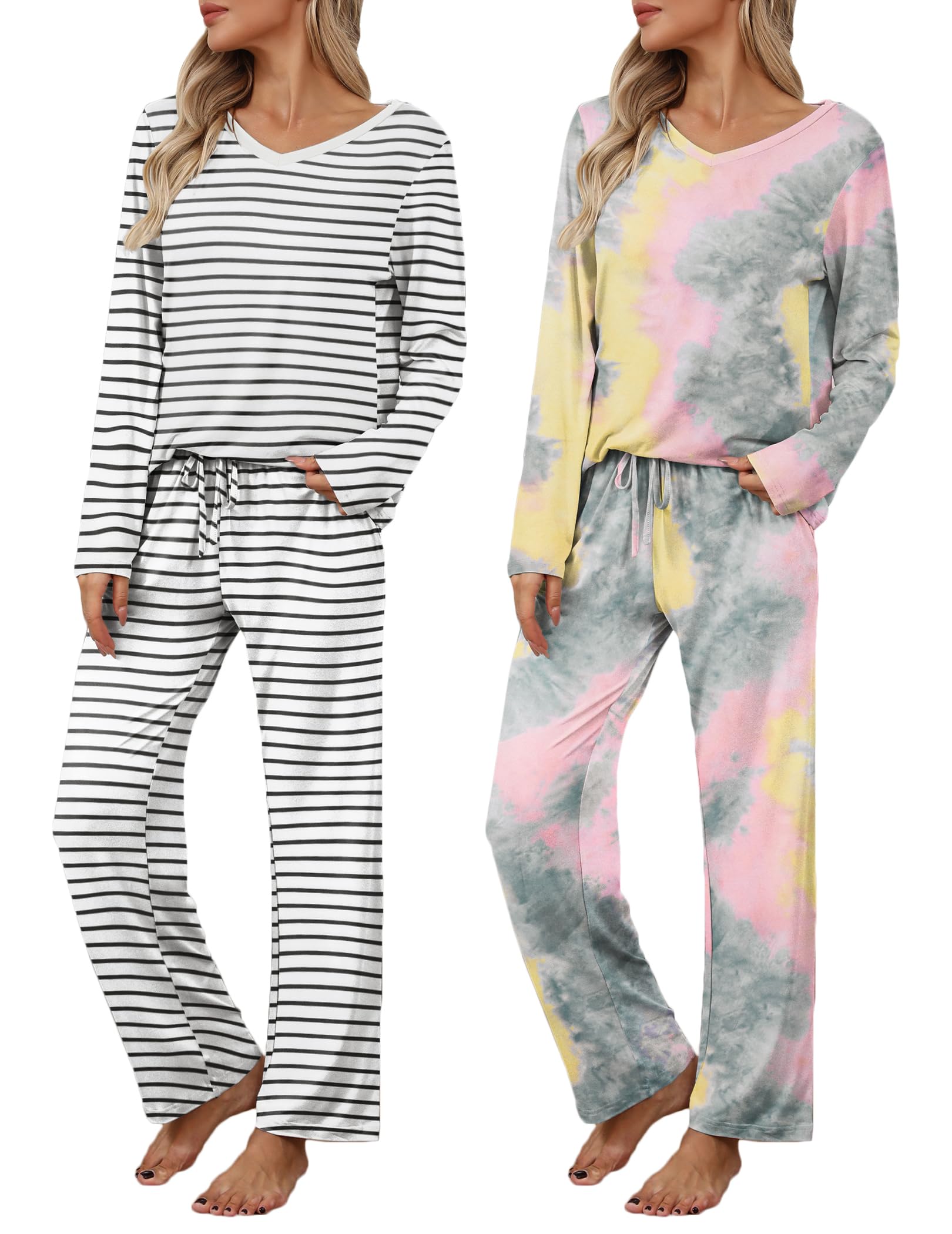 Ekouaer Conjunto de pijama de manga larga para mujer, conjunto de pijama de mang