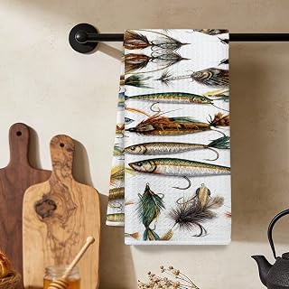 Colorful Fish Print Kitchen Towels, Absorbent Microfiber Tea Towel Decorative Honeycomb Tea Towel for Kitchen Home Bathroom Fishing Lovers Gifts 2