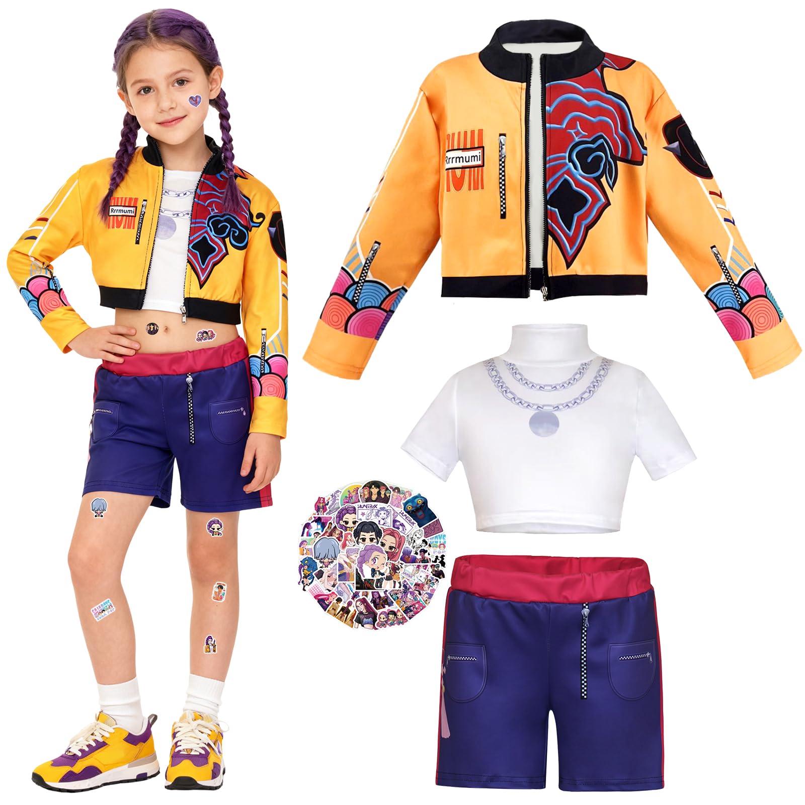 Demon Hunters Costume for Kids Girls Cosplay, Pop Singer Idol Dress with Sticker