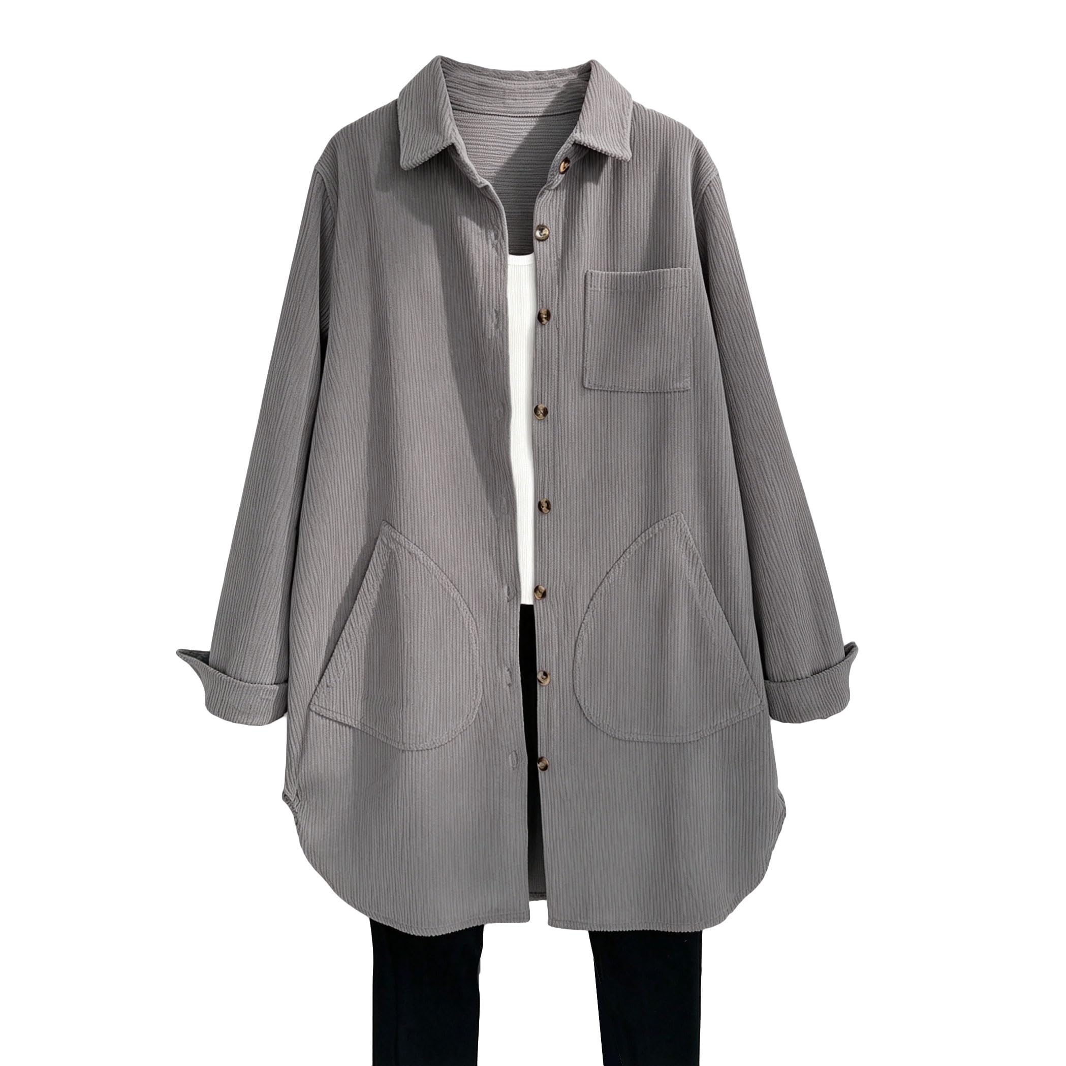 Minibee Women's Corduroy Shirt Coats Long Sleeve Button Down Blouses Tops with P