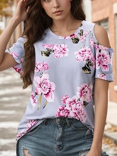 Women's Cold Shoulder Top Short Sleeve Casual Tunic Blouse Loose Fit Summer Spring Shirt