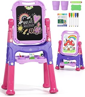 Lehoo Castle Easel for Kids 3-5, Magnetic Chalkboard Whiteboard(Purple) | Toddler Art Easel with Drawing Accessories, Adjustable Heights, Foldable, Gifts for 3 4 5 Year Old Girls Boys, Preschool Toys