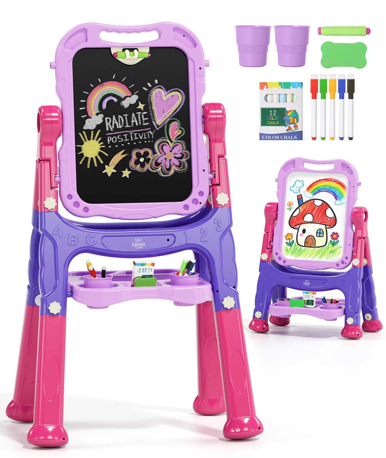 Lehoo Castle Easel for Kids 3-5, Magnetic Chalkboard Whiteboard(Purple) | Toddle