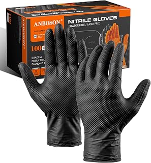 ANBOSON 10 Mil Black Nitrile Disposable Gloves, Mechanic, Safety Work Gloves, Latex & Powder Free, Fully Diamond Textured (Black of 100, Large)