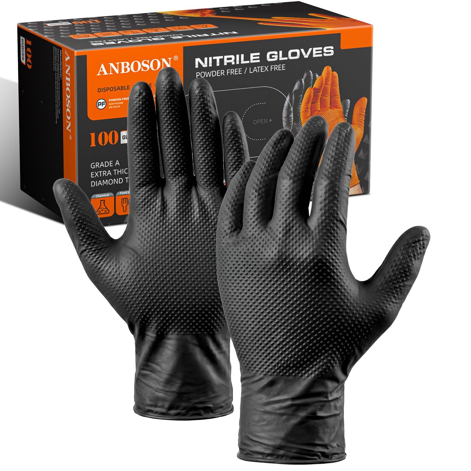 ANBOSON 10 Mil Black Nitrile Disposable Gloves, Mechanic, Safety Work Gloves, La