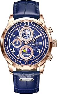 LIGE Reloj para Hombre CronóGrafo Cuarzo con Fecha DiseñO Fases De La Luna Correa De Negro Cuero Reloj Diari Resistente Al Agua - Relojes Elegantes para Los Negocios Y La Vida Diaria,Plata Blanca