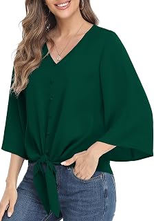 Women Button V Neck Chiffon Tops 3/4 Bell Sleeve Tie Knot Casual Blouse Loose Summer Shirts
