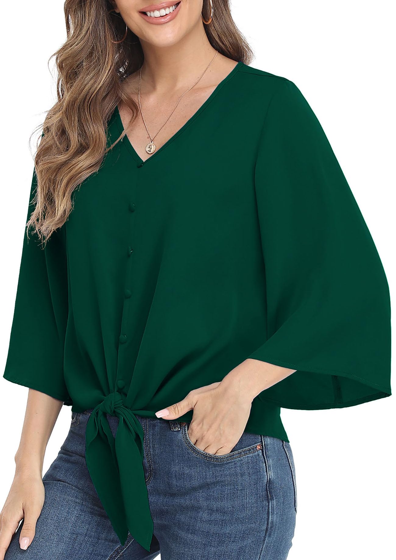 Women Button V Neck Chiffon Tops 3/4 Bell Sleeve Tie Knot Casual Blouse Loose Su