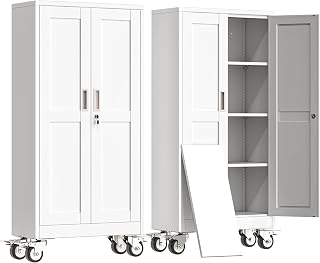 erosoei 61" H Metal Garage Storage Cabinet, Rolling Tool Cabinet with 2 Doors and Wheels, Locker Steel Cabinet with 3 Adjustable Shelves, Organization Cabinet for Garage,Office,Home,Gym,School（White）