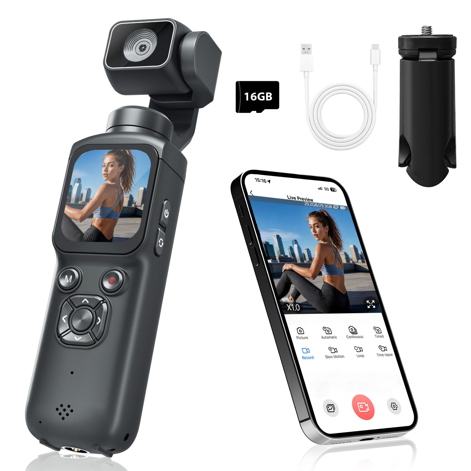 4K Pocket Camera for Vlogging,75MP Vlogging Camera with 330° Rotating Lens | WiF