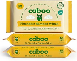 Caboo Tree Free Flushable Wipes, Septic Safe, 180 Wipes | Certified Flushable, Made with Renewable Bamboo Based Viscose, XL Size Sheets, Hypoallergenic, Chemical Free, Unscented