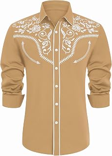 Men's Western Cowboy Shirt Embroidered Long Sleeve Button Down Shirt