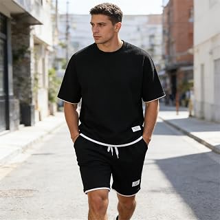 Mens Home Set 2 Pieces Short Sleeve Honeycomb Shirt with Drawstring Shorts Casual Wear