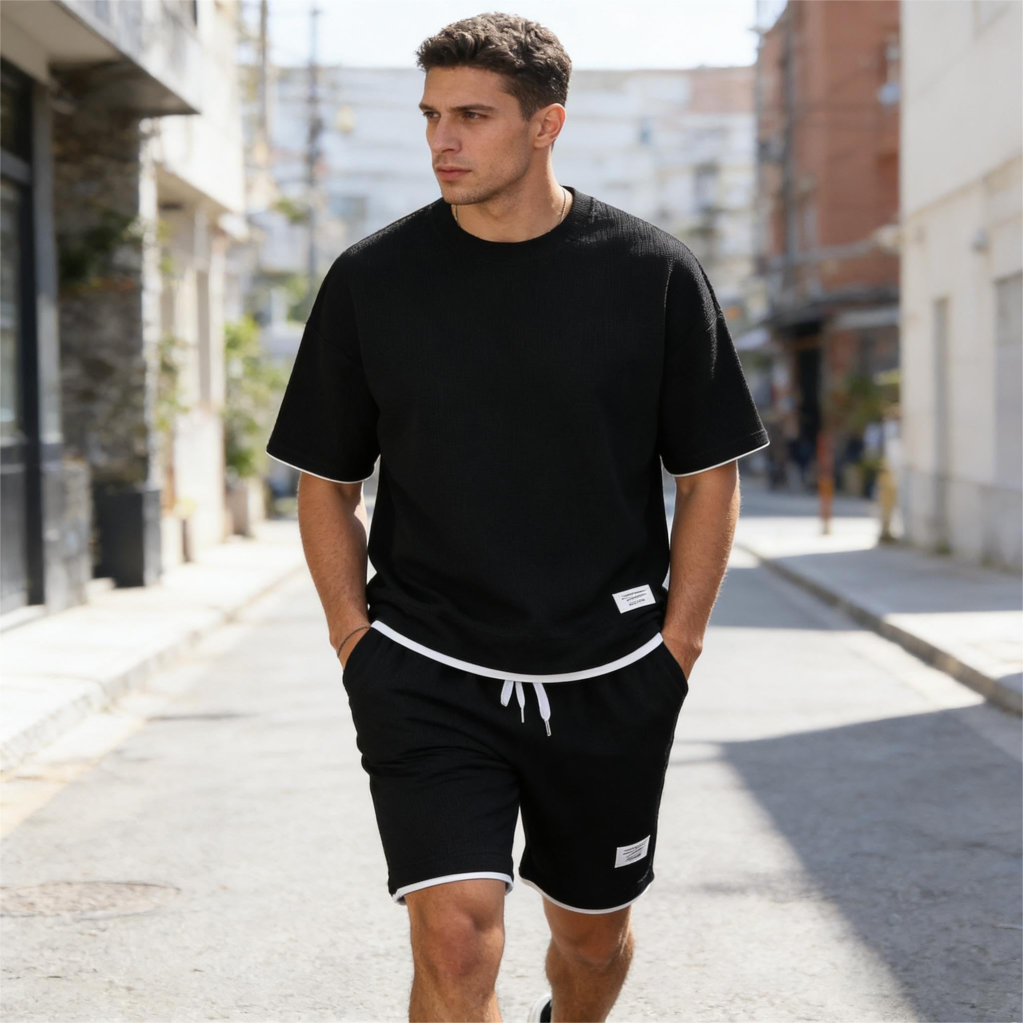 Mens Home Set 2 Pieces Short Sleeve Honeycomb Shirt with Drawstring Shorts Casua