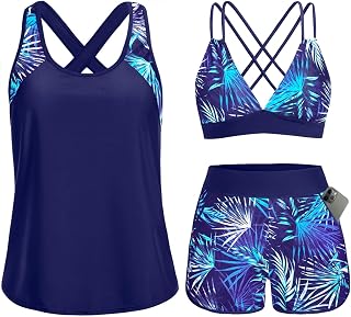 Women's 3 Piece Tankini Swimsuit Tummy Control with Bra Pocket Boy Shorts