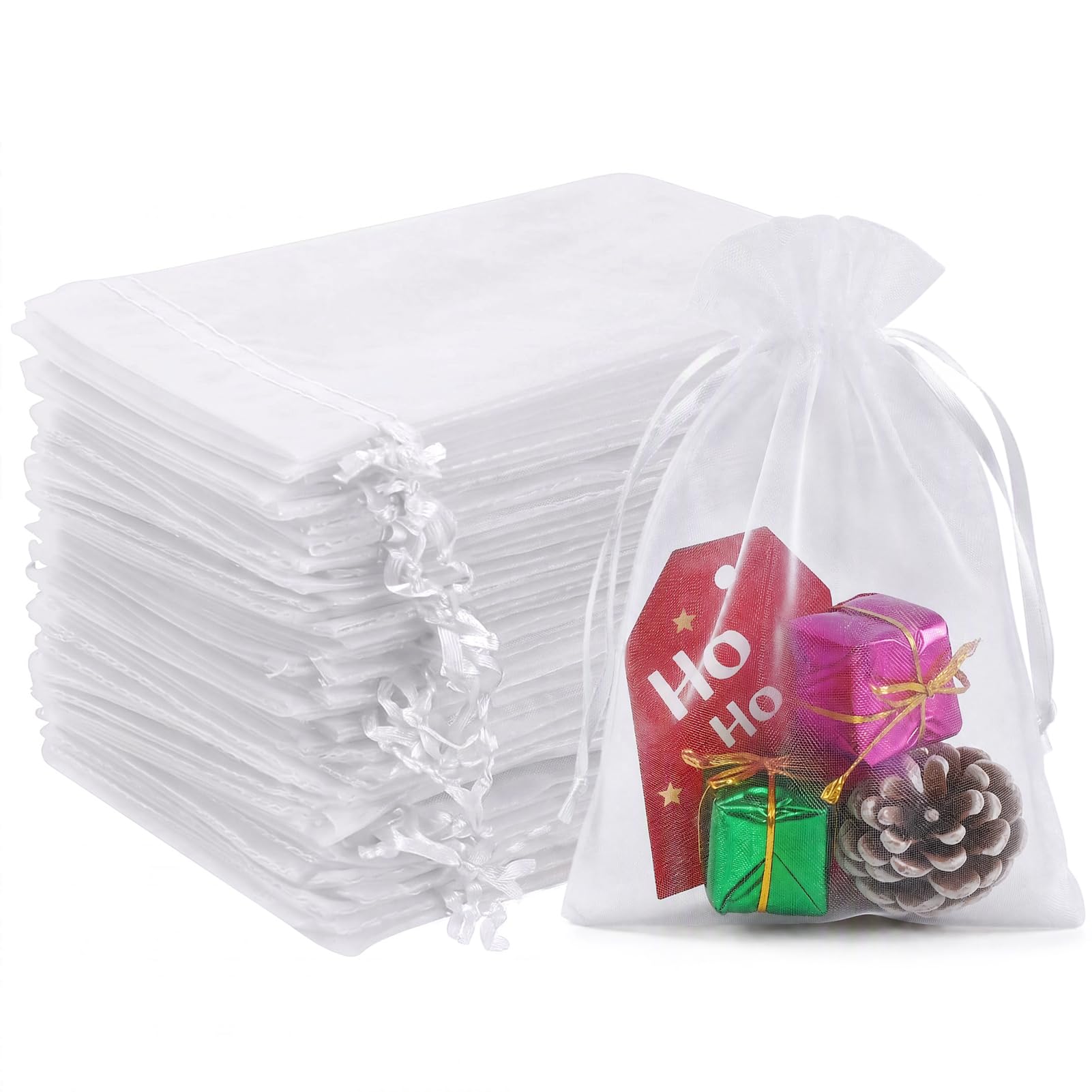 HRX Package 100pcs White Organza Bags, 4x6 inch Mesh Bags Drawstring Gift Bags J