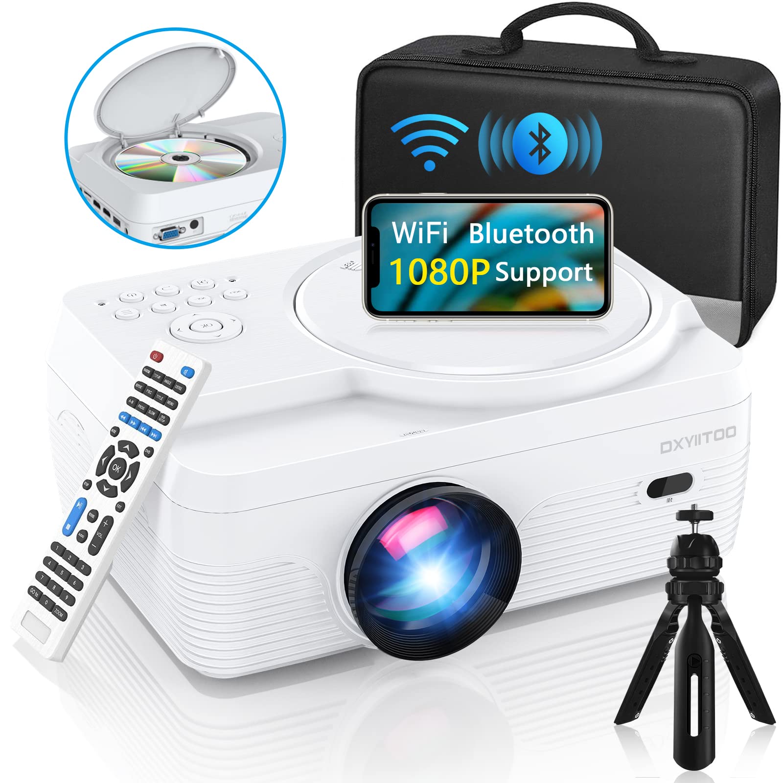 Full HD WiFi Bluetooth Projector Built in DVD Player, 12000LM 1080P Supported, P