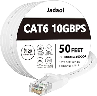 Jadaol Cat6/Cat6A Ethernet Cable 50FT Flat with Clips 10Gbps Network, White | 1FT 3FT 5FT 10FT 15FT 20FT 25FT 30FT 35FT 50FT 60FT 75FT 100FT 150FT 200FT LAN Patch Cable for Router, Modem, Switch, Gaming