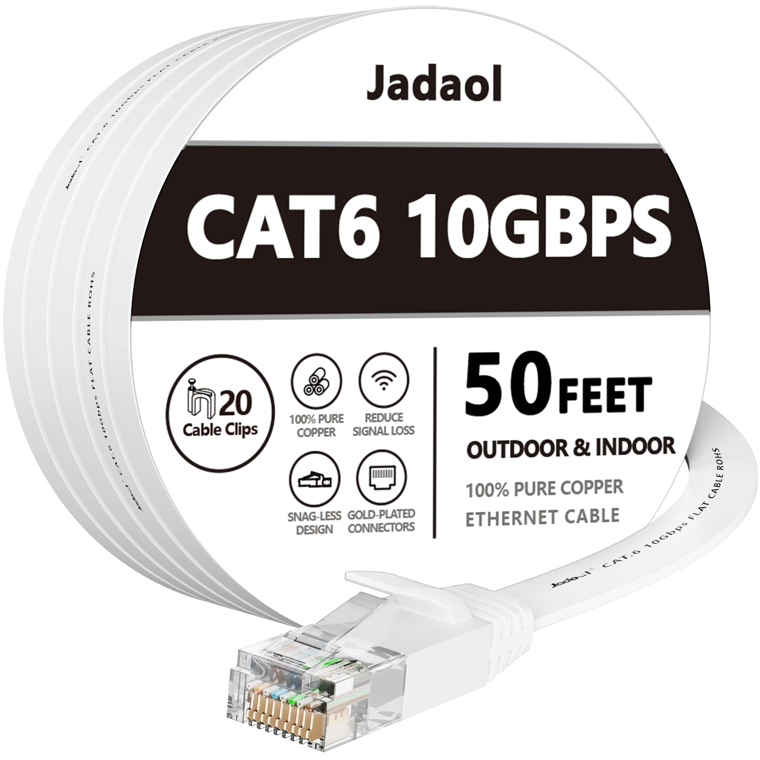 Jadaol Cat6/Cat6A Ethernet Cable 50FT Flat with Clips 10Gbps Network, White | 1F