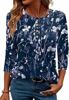 LOMON Blusa de manga 3/4 para mujer, elegante, casual, cuello redondo, túnica de verano, lindas blusas de moda 2025