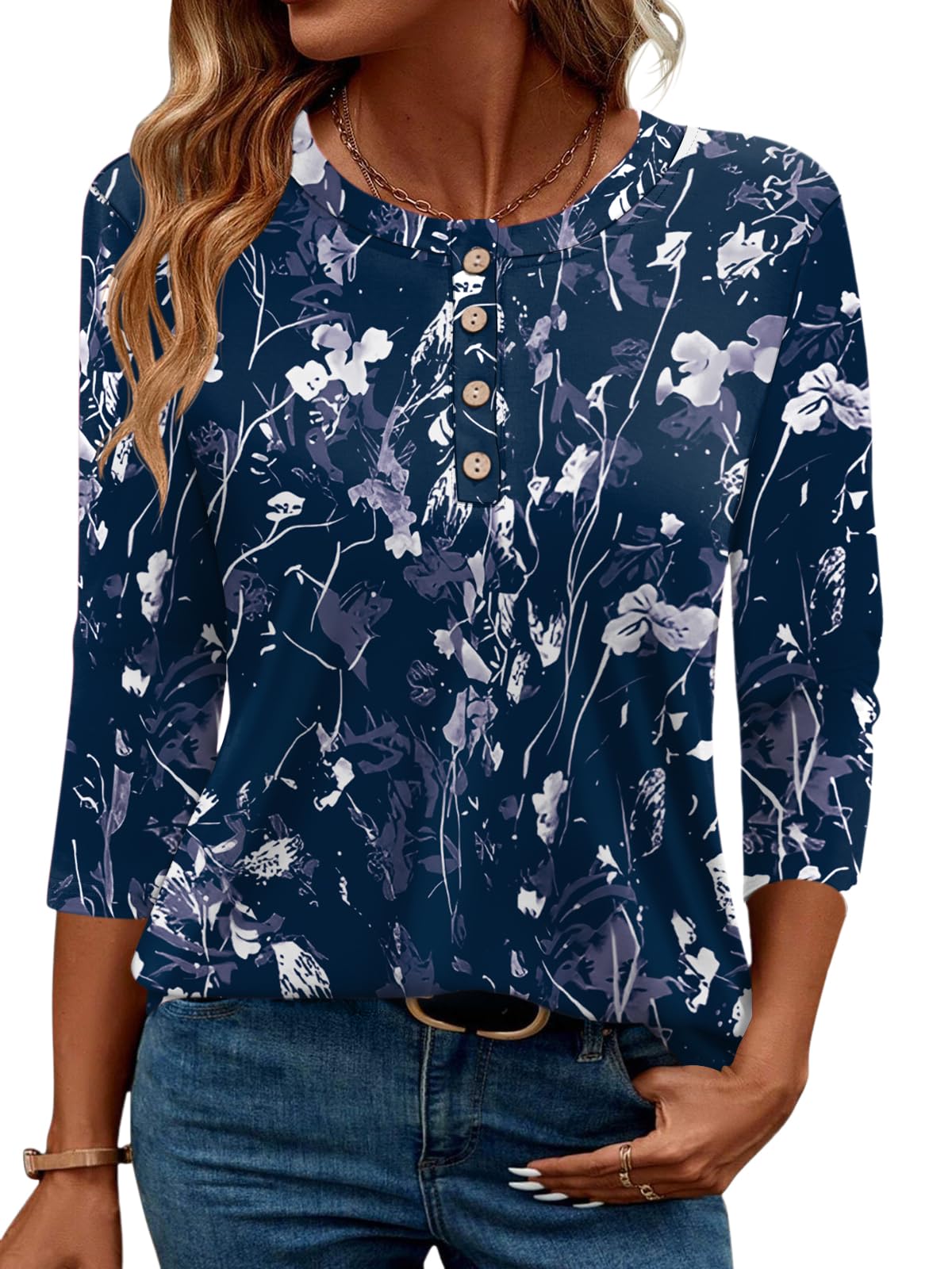 LOMON Blusa de manga 3/4 para mujer, elegante, casual, cuello redondo, túnica de