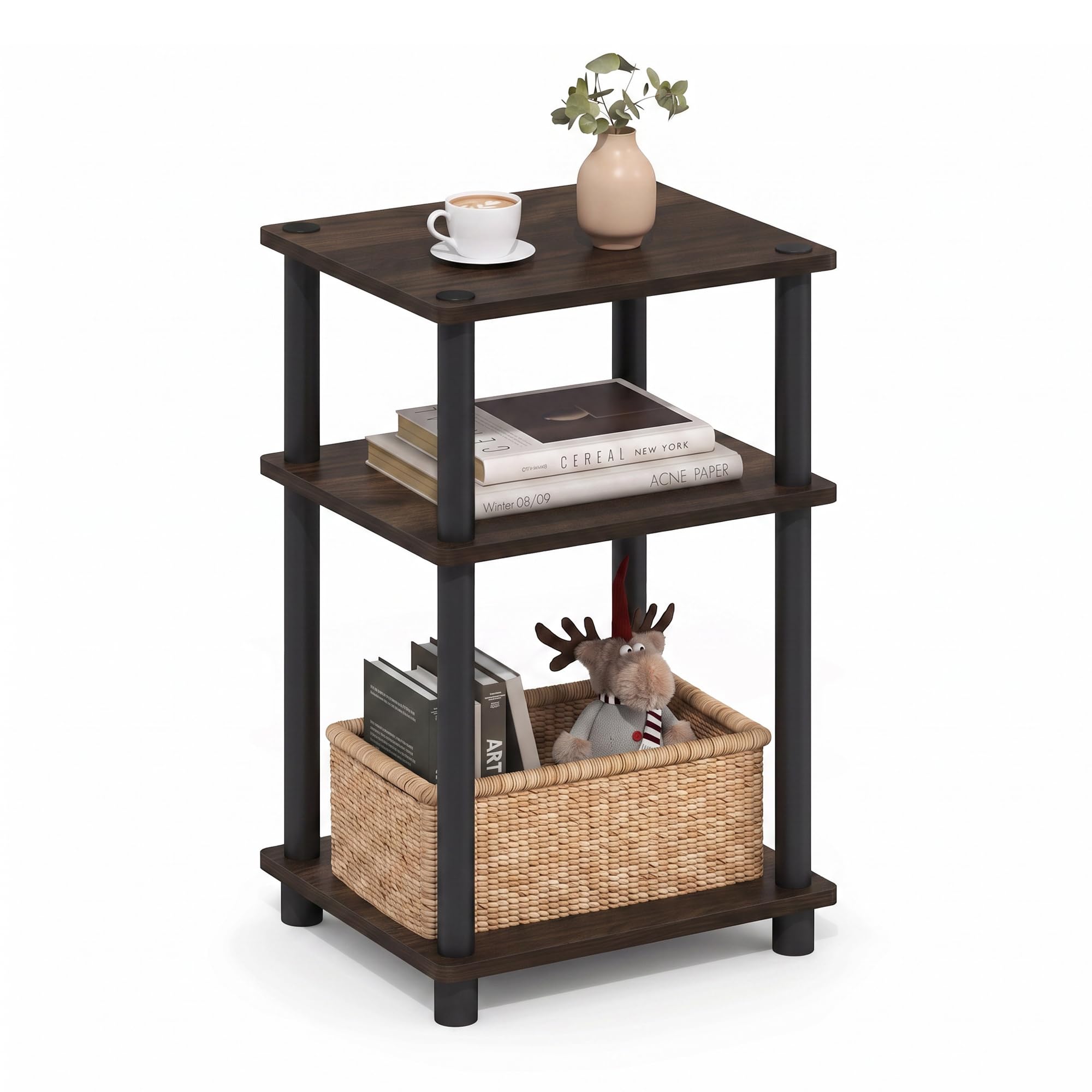Furinno JUST Toolless 3-Tier Side Table, Open Shelf, Columbia Walnut | Soft-Corn