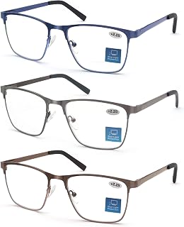 MODFANS Pack of 3 Reading Glasses for Men, Anti-Blue Light Eyeglasses, Stainless Steel Metal, Lightweight, Clear Vision, with Case
