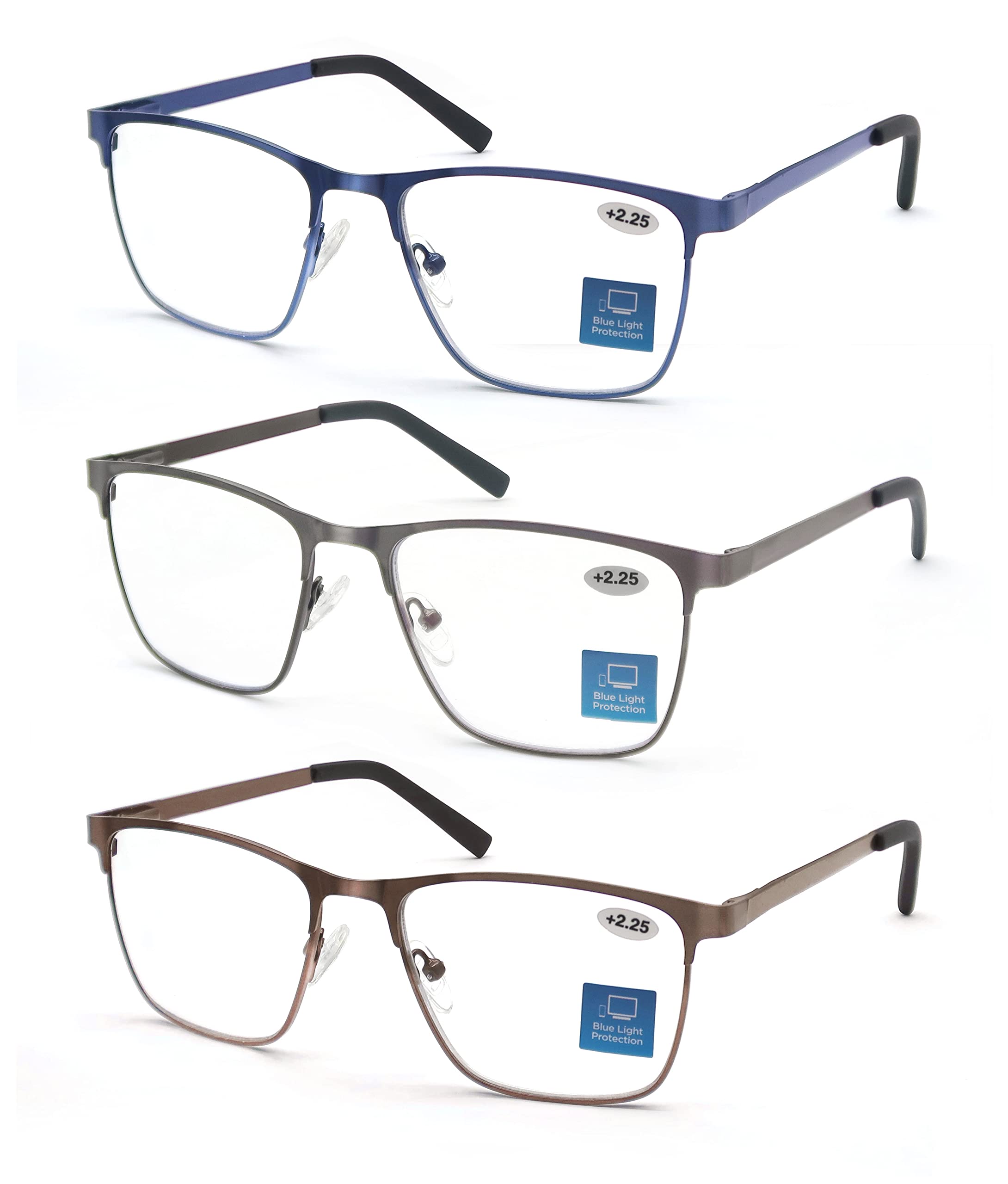 MODFANS Pack of 3 Reading Glasses for Men, Anti-Blue Light Eyeglasses, Stainless