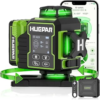 Huepar Laser Level 360 Self Leveling, W04CG Upgraded 4x360° Bluetooth Construction Lazer Leveler Tool with Electric Rotating Base ＆ Large LCD Screen, 4D 16 Lines Green Cross Line Laser Level