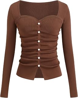 CIDER Women's Going Out Crop Tops Faux Pearl Long Sleeve Square Neck Ruched Tops Fall Spring Trendy