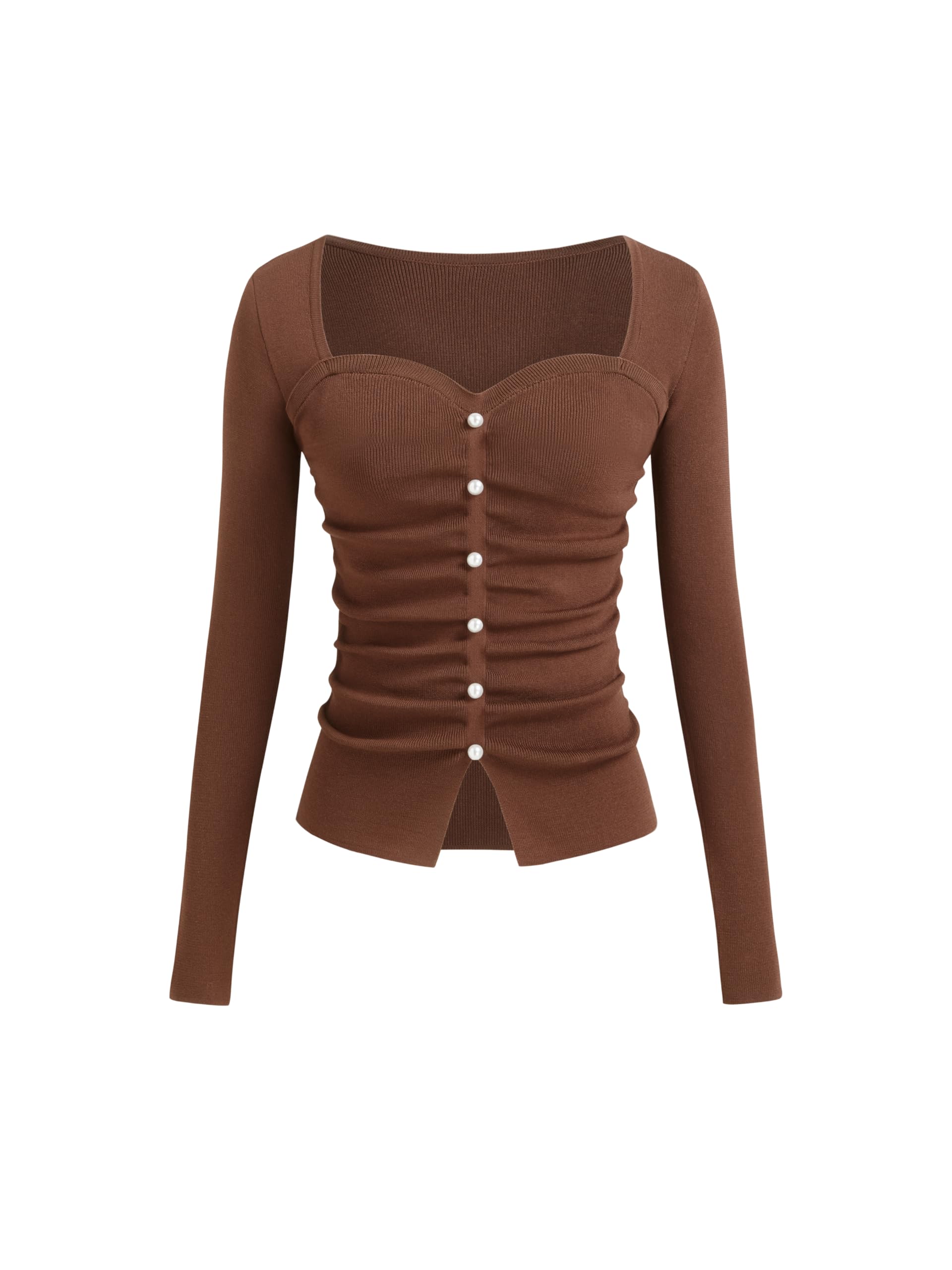 CIDER Women's Going Out Crop Tops Faux Pearl Long Sleeve Square Neck Ruched Tops