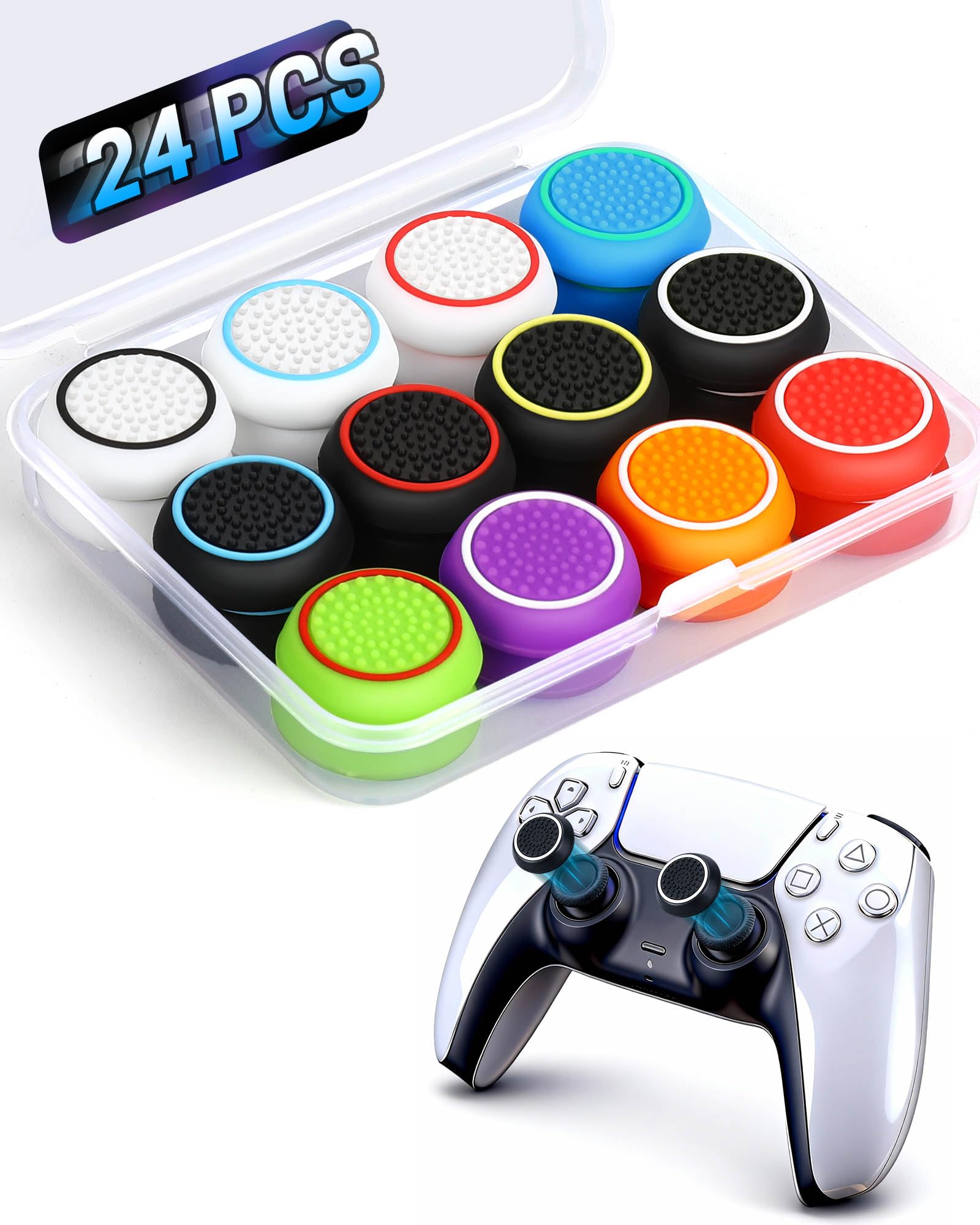 24 PCS Premium Silicone Thumb Grips for PS4/PS5/Xbox Controller, Rainbow Non-Sli